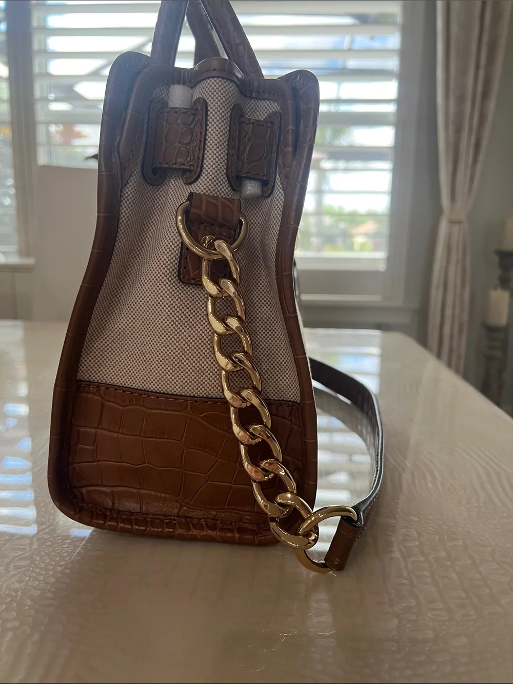 Michael Kors Brown and Cream Croc-Trim Satchel with Gold Hardware
